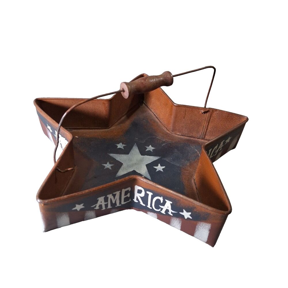 VTG Americana Star Metal Tray Basket with Wood Handle Patriotic Folk Art 12"